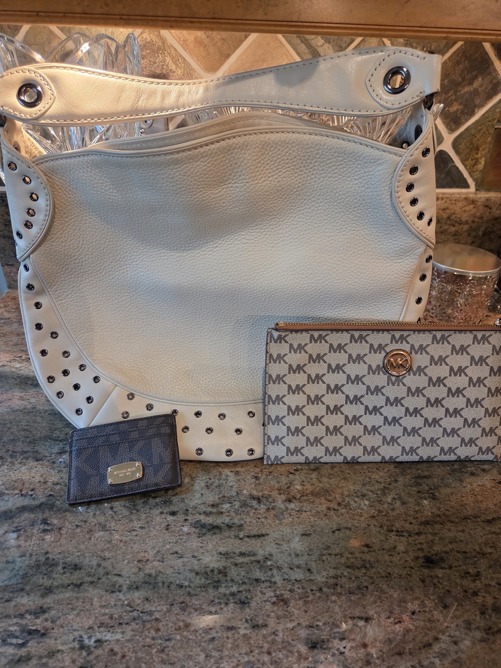 Michael Kors Cream Leather Studded Shoulder Bag with MK Wallets
